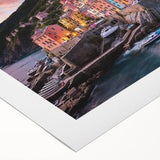 Art deco poster of Cinque Terre with vibrant coastal colors on rolled canvas, suitable for dining room wall art.