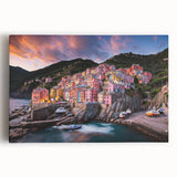 Black and white stretched canvas of Cinque Terre coastline, ideal for kitchen wall art or bedroom decor.