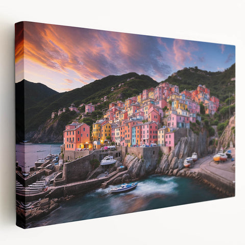 Stretched canvas depicting the colorful houses of Cinque Terre in Italy, ideal for kitchen wall art.