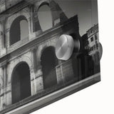 Mid-century modernist depiction of the Colosseum in muted earth tones on acrylic glass, suitable for dining room art.