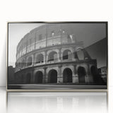 Acrylic print of the Colosseum in muted earth tones, framed in silver, ideal for modern art wall decor.