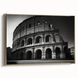 Framed canvas of the Colosseum in muted gold and black tones, ideal for bedroom wall art.