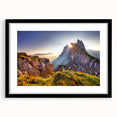 Colorful abstract art print of the Dolomites in vibrant hues on a textured, extra-large canvas, ideal for living room decor.