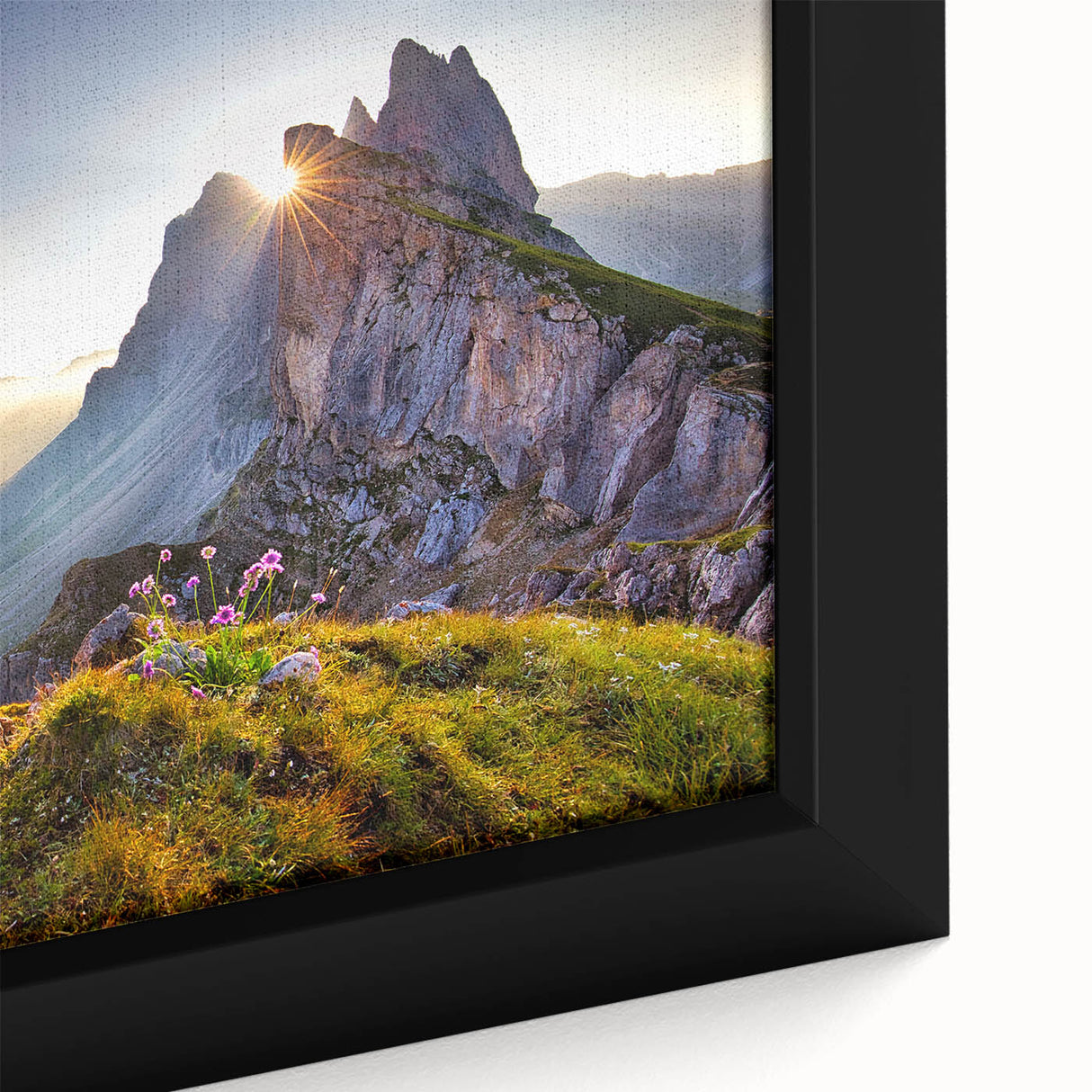 Extra large framed canvas of the Dolomites in Italy, featuring a black and colorful textured art style.