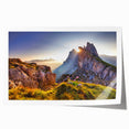Extra large rolled print of the Dolomites in Italy, featuring muted green and blue tones, ideal for dining room wall art.