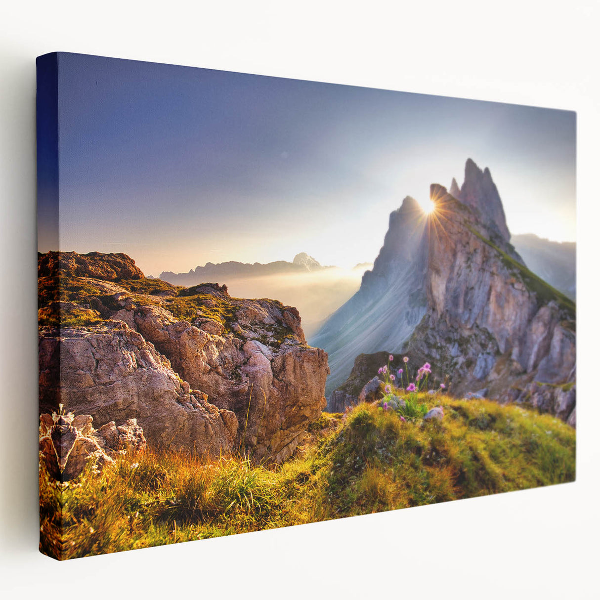Large canvas print of the Dolomites in Italy, featuring muted green and blue tones, ideal for kitchen wall art.