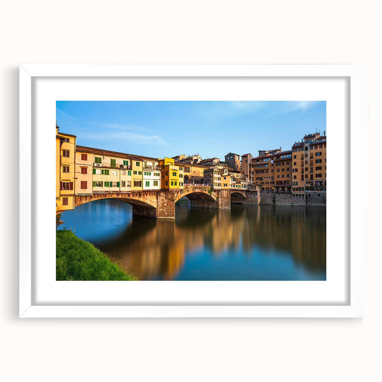 Textured abstract art print of Florence scenery in muted earth tones, framed with a white mat, ideal for bedroom art.