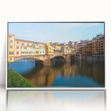 Mid-century modernist art depicting Florence skyline in muted pastel shades on a framed acrylic print.