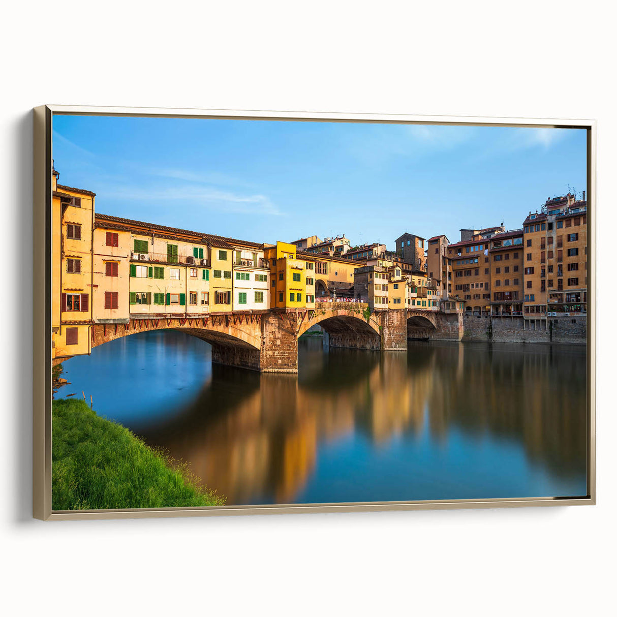 Framed canvas wall art depicting a vintage-style Florence landscape in muted gold and black tones.