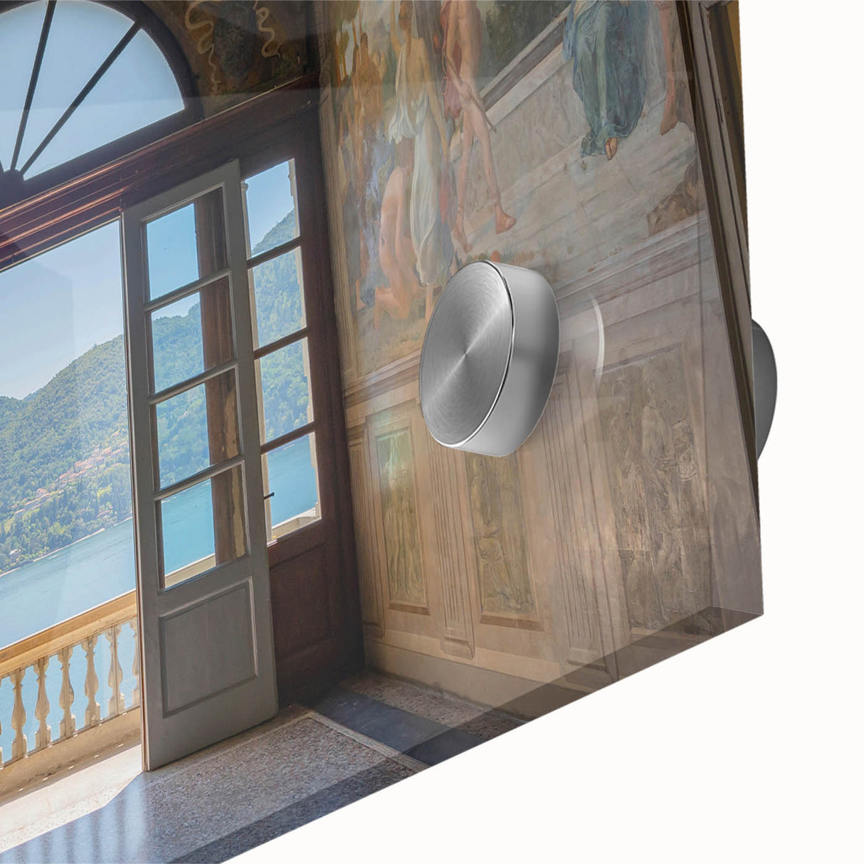 Mid-century modernist style large abstract art print of Lake Como on acrylic glass, with muted earth tones.