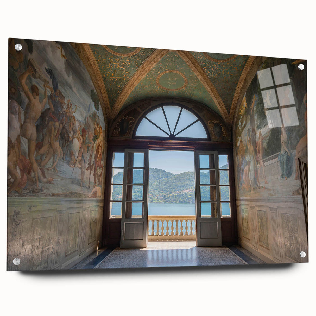 Acrylic print of Lake Como with lush landscapes in muted greens and blues, ideal for bedroom or dining room art.