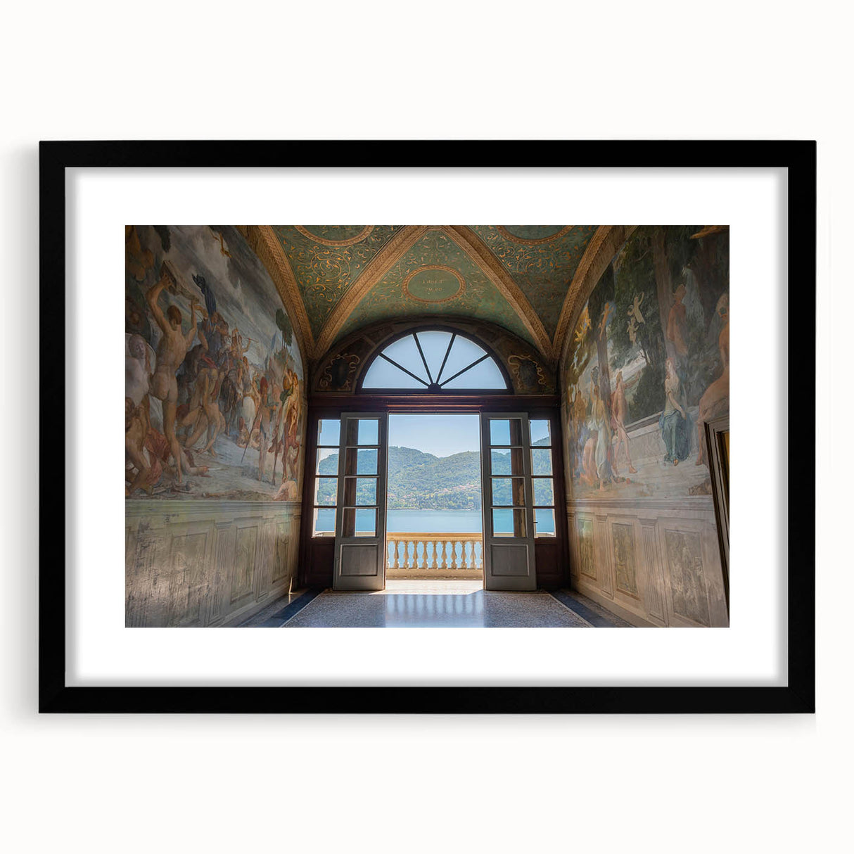 Extra large framed wall art of an abstract Lake Como scene in vibrant, colorful hues, ideal for living room decor.