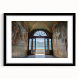 Extra large framed wall art of an abstract Lake Como scene in vibrant, colorful hues, ideal for living room decor.