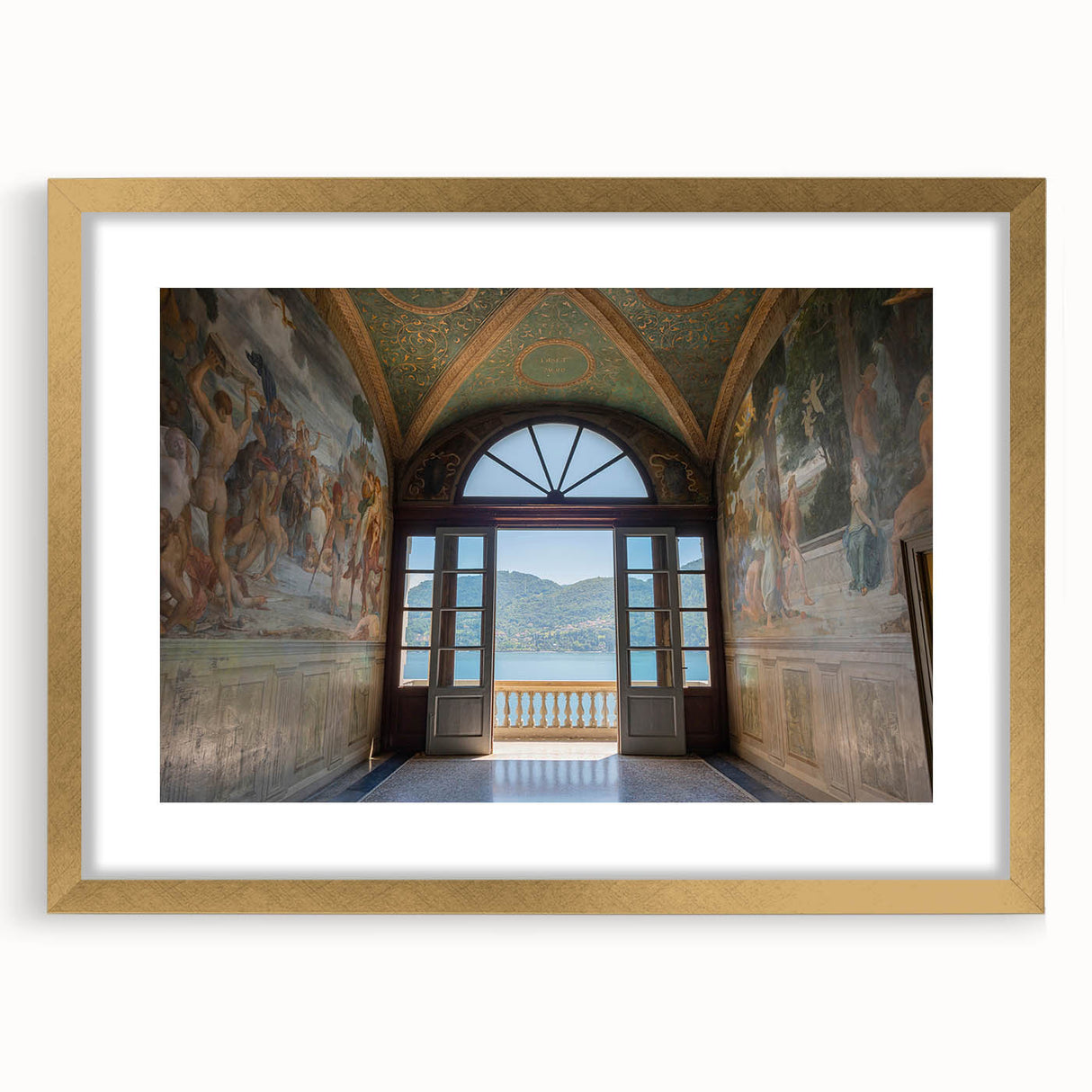 Abstract art print of Lake Como with soft blue and green hues on a framed gold mat, ideal for dining room decor.