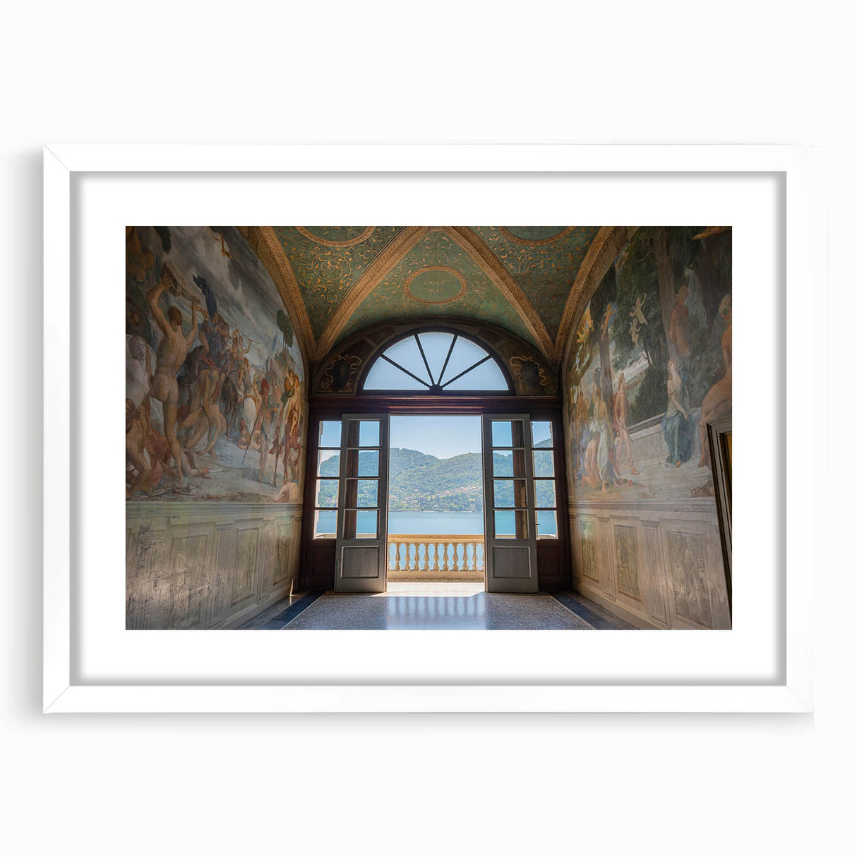Textured art of Lake Como with abstract elements in muted blues and greens, framed with a white mat, ideal for bedroom decor.