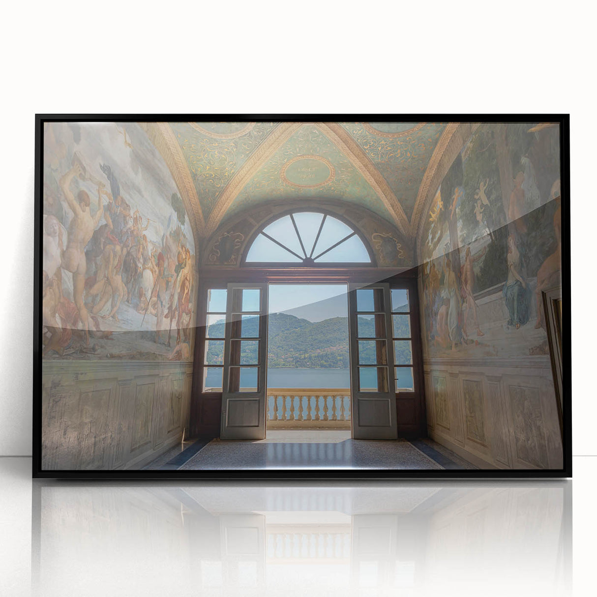 Large abstract wall art of Lake Como with soft blue and green hues on a framed acrylic, suited for modern living room decor.