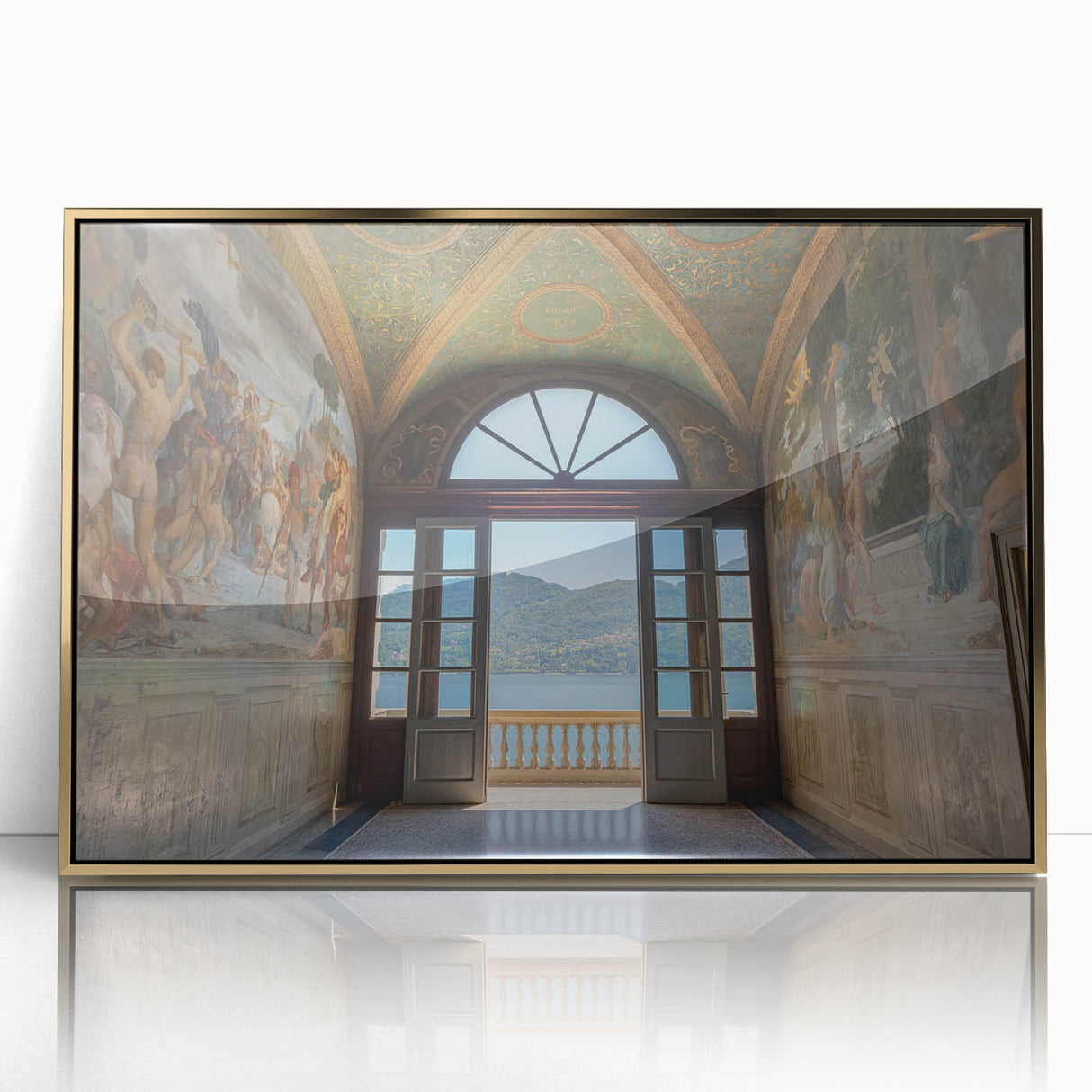 Art Deco poster depicting Lake Como with muted blue and gold tones on acrylic framed print.