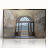 Art Deco poster depicting Lake Como with muted blue and gold tones on acrylic framed print.