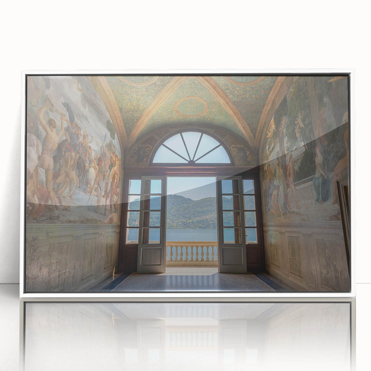 Mid-century modernist art of Lake Como, featuring serene blue and green tones on a framed acrylic print.