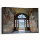 Black and white framed canvas of Lake Como landscape, ideal for bedroom wall art.