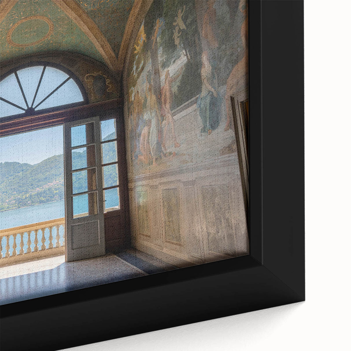 Extra large framed canvas depicting Lake Como with textured, colorful art on a black background.
