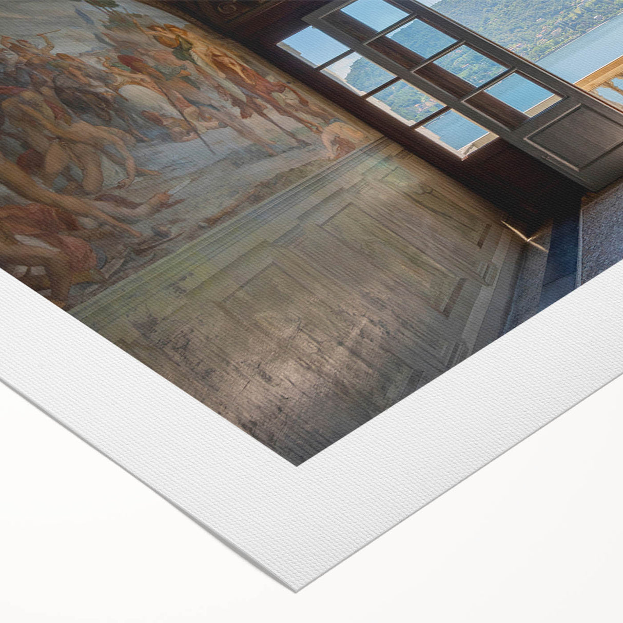 Art deco poster of Lake Como with muted blue and green tones on rolled canvas, suitable for dining room decor.