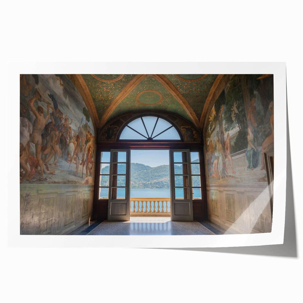 Extra large rolled print of Lake Como with vibrant green and blue hues, ideal for dining room wall art.