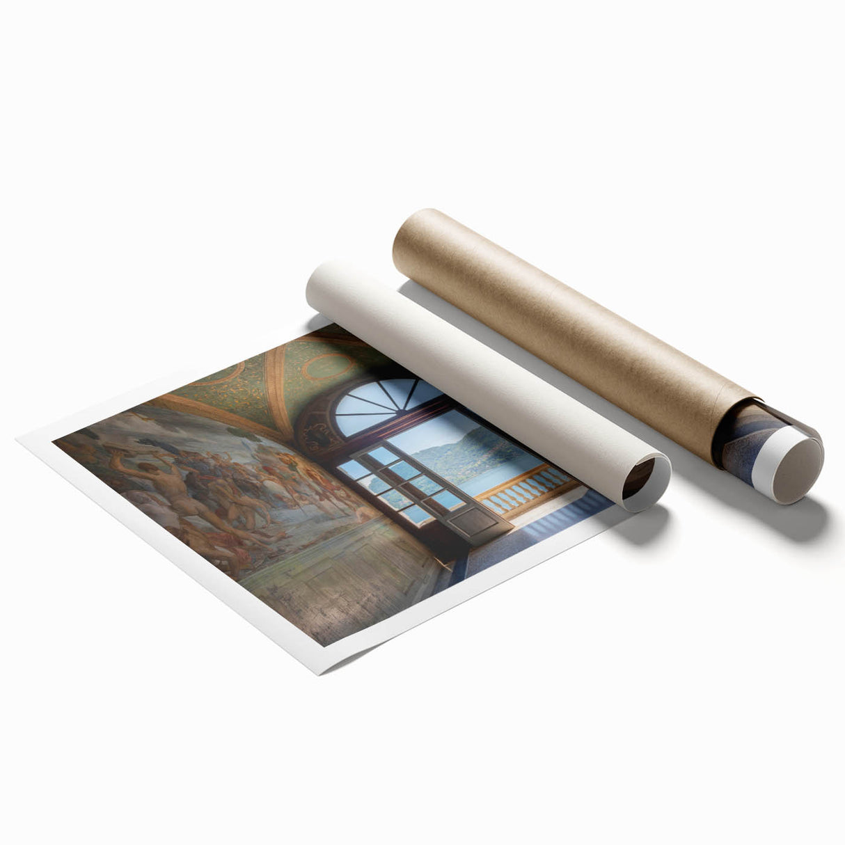 Extra large rolled print of Lake Como with floral accents in soft blue and green tones, ideal for classy bathroom wall art.