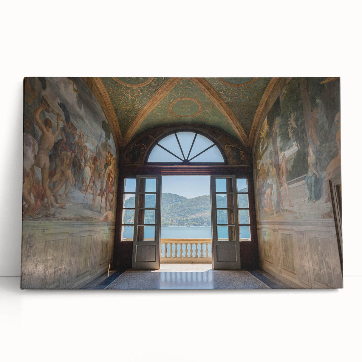 Black and white photograph of Lake Como on stretched canvas, ideal for kitchen wall art.