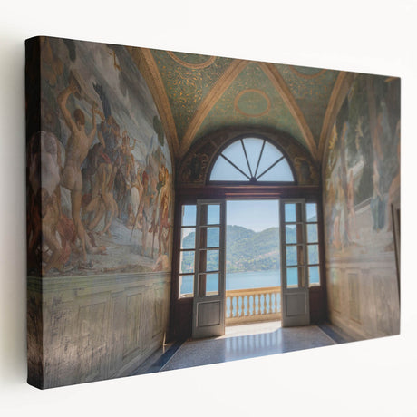 Lake Como scenery on a large stretched canvas, featuring soft blue and green tones, ideal for kitchen wall art.