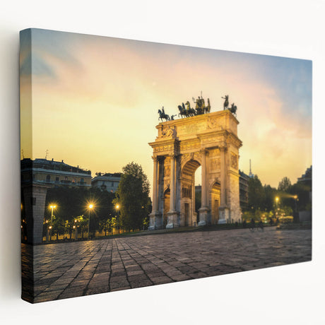 Panoramic view of Milan skyline in muted earth tones on large stretched canvas, suitable for kitchen wall art.
