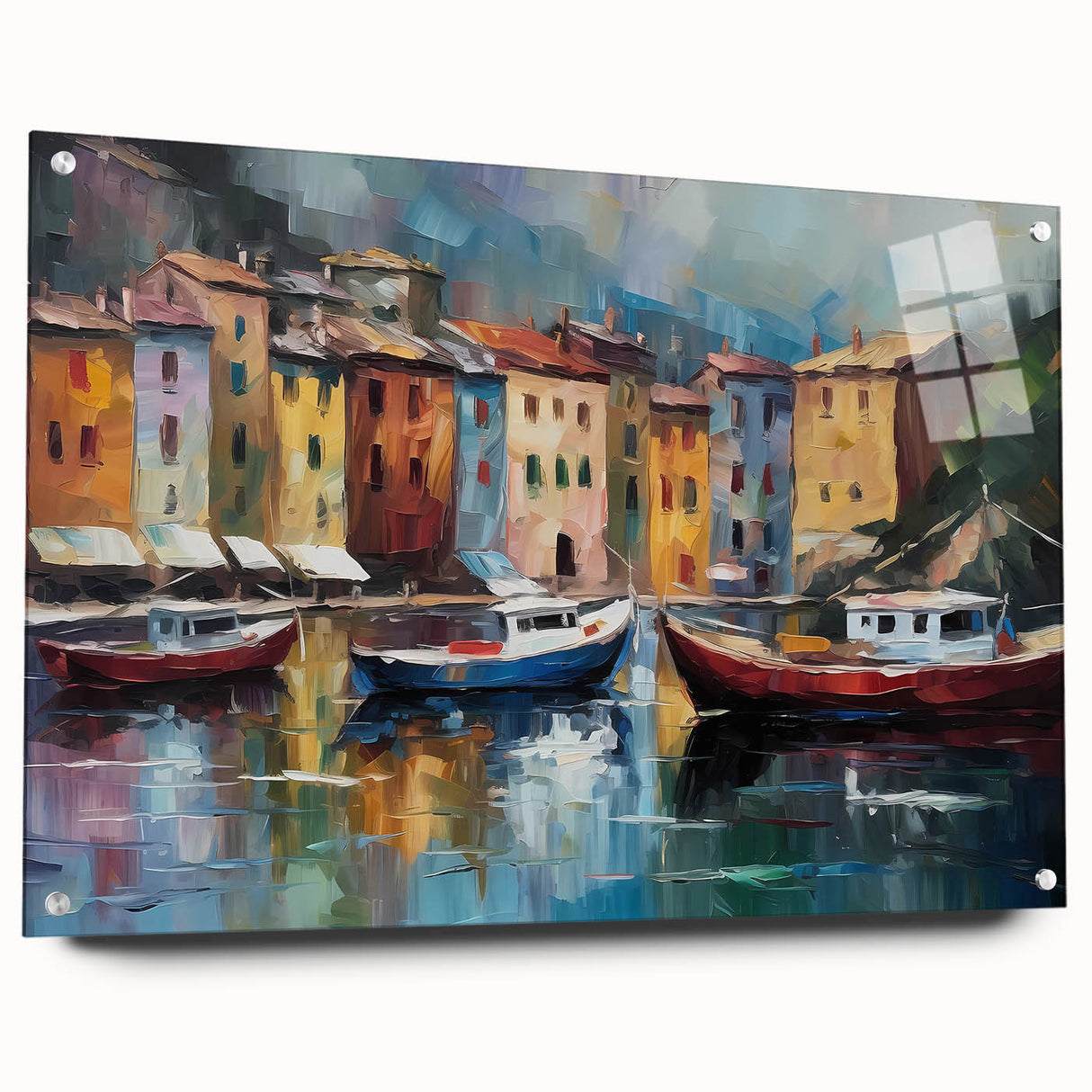 Acrylic glass print of Portofino, Italy, with vivid coastal colors, ideal for dining room decor.