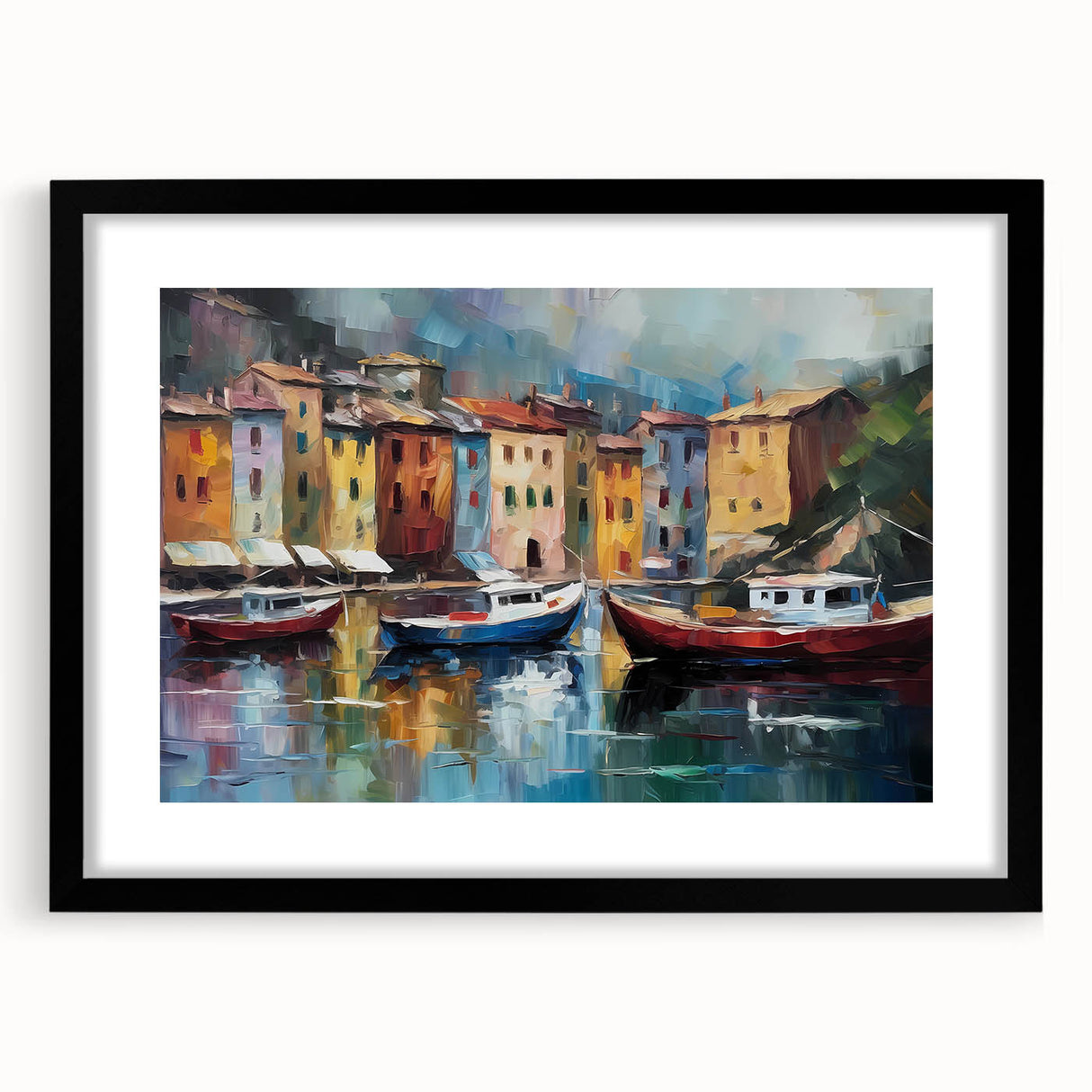 Colorful abstract art print of Portofino, Italy, in vibrant hues on a large textured canvas, framed in black.