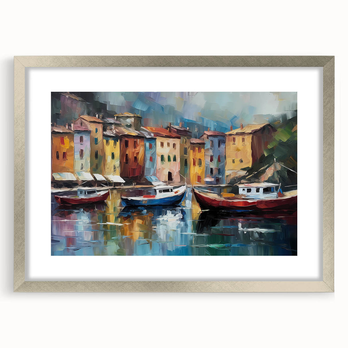Extra large abstract art print of Portofino scenery in muted earth tones on textured canvas, framed in silver.