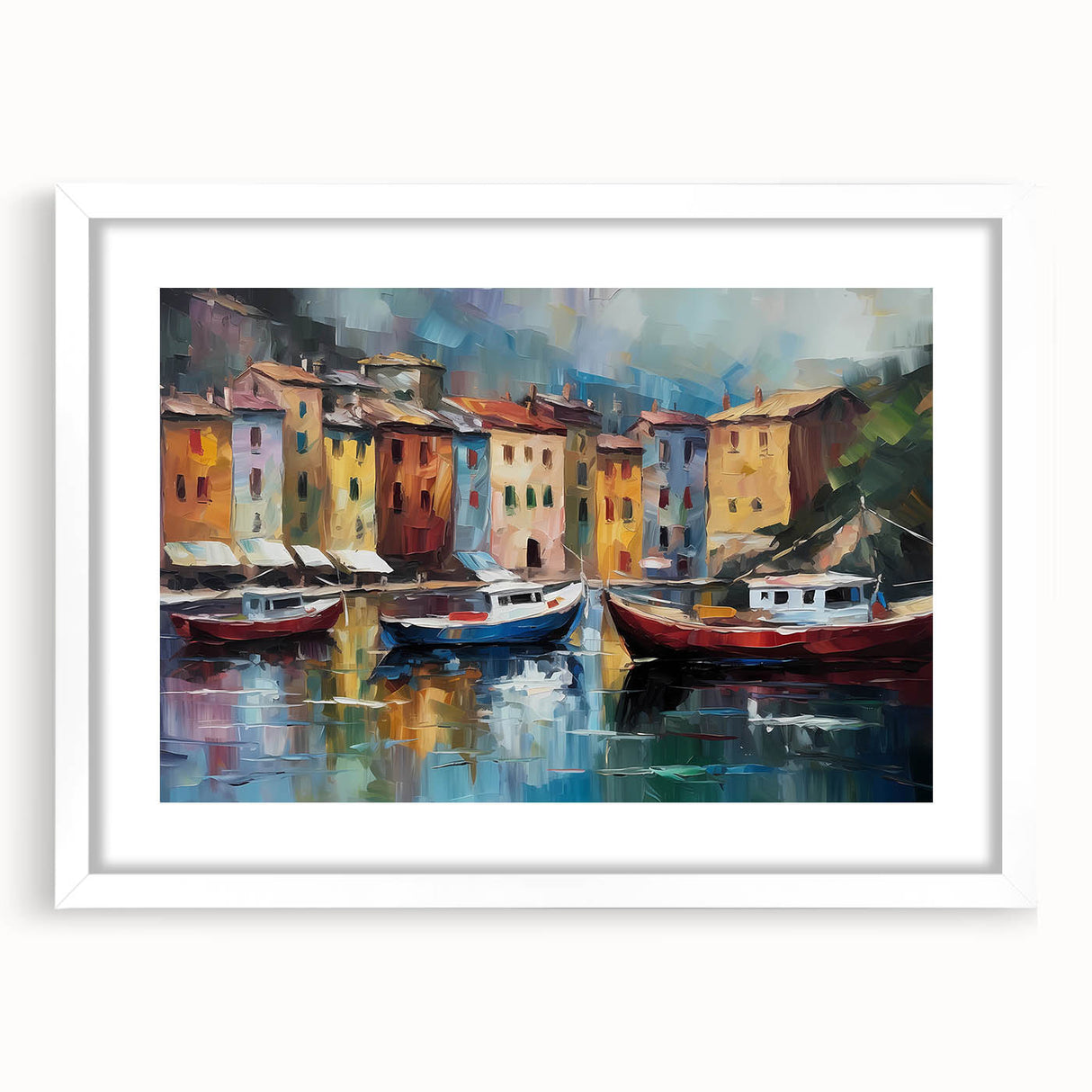 Textured art print of Portofino, Italy, featuring abstract multi-colored brushstrokes on a framed white mat.