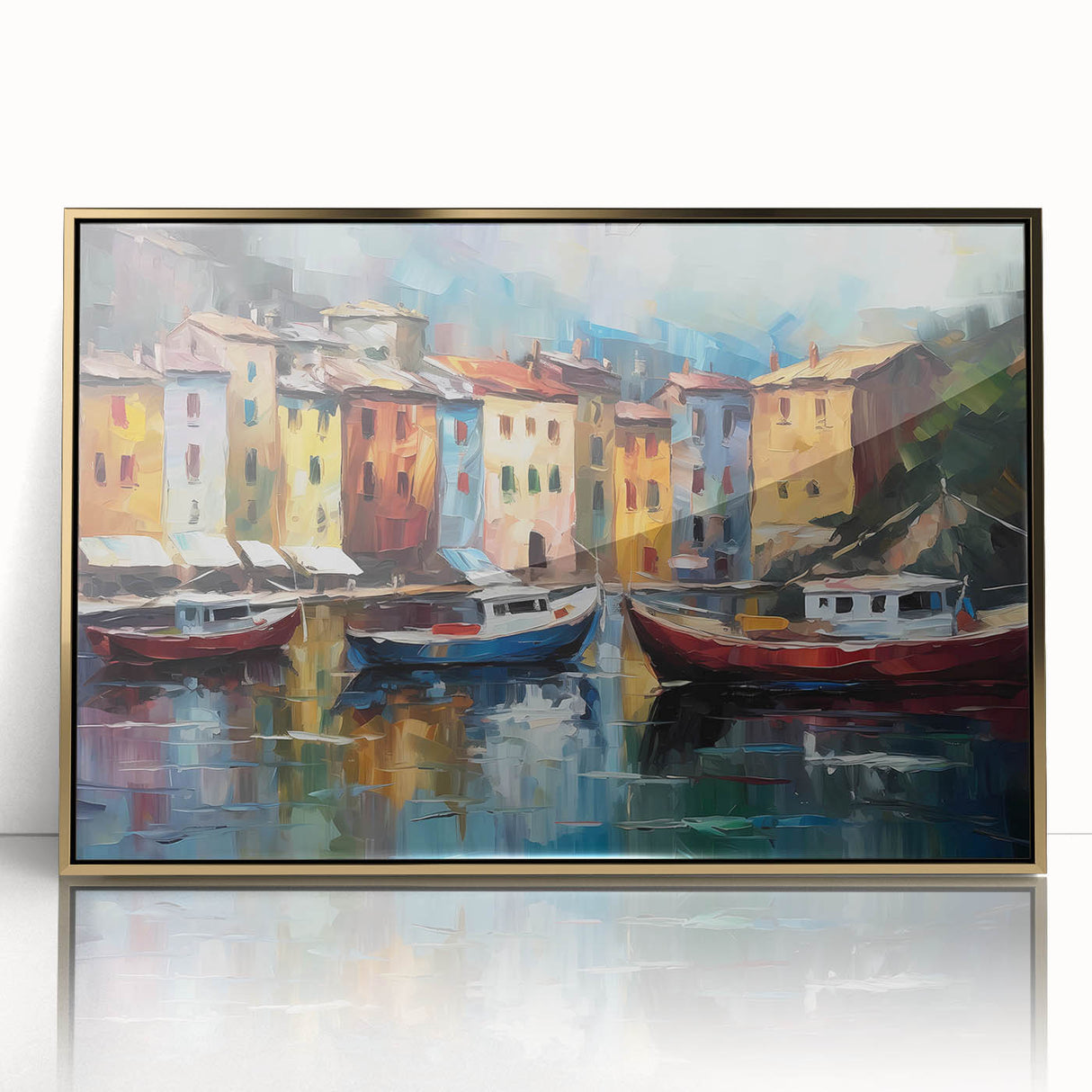 Acrylic print of Portofino, Italy, featuring vibrant colors and art deco style, ideal for modern art wall decor.