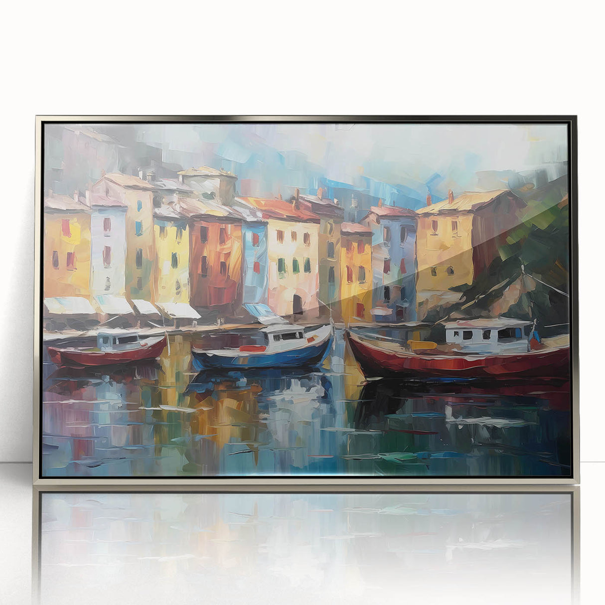 Large art print of Portofino, Italy in muted colors on framed acrylic, suitable for modern art wall decor.
