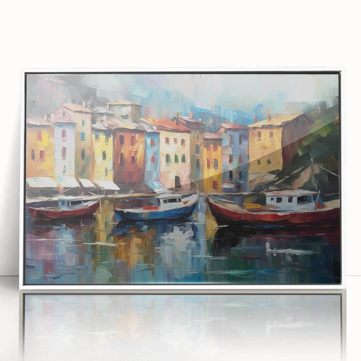 Mid-century modernist art depicting Portofino, Italy, in vibrant colors on a framed acrylic, ideal for modern art wall decor.