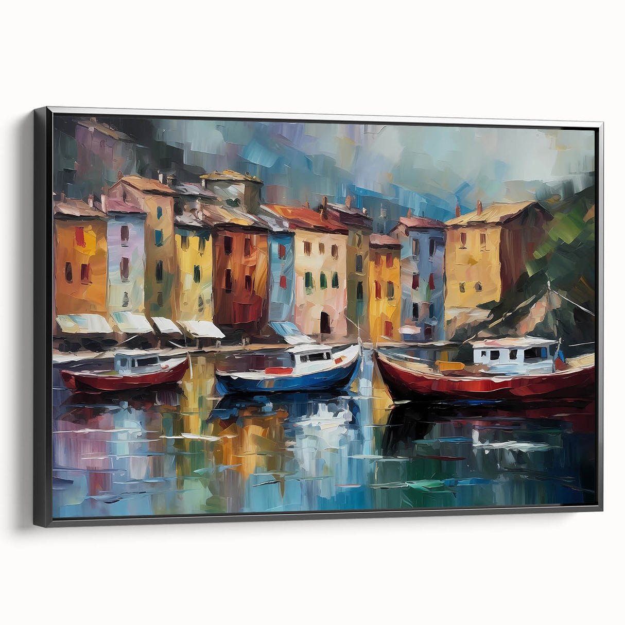 Black and white landscape art painting of Portofino, Italy on framed canvas, ideal for bedroom wall decor.