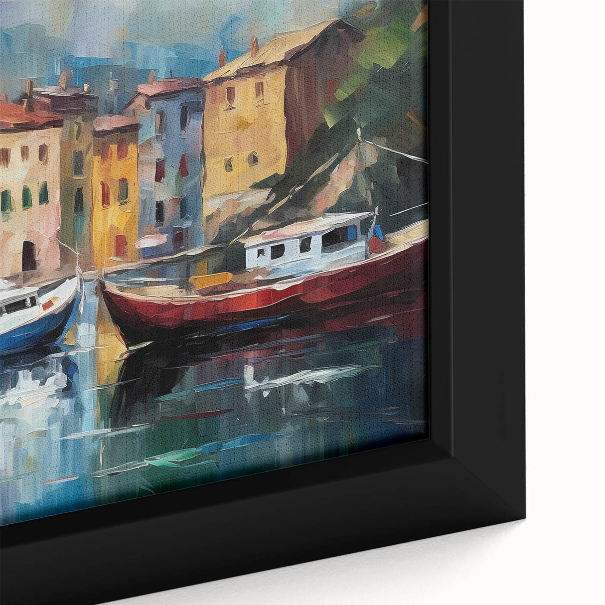 Extra large framed canvas featuring a textured portrayal of Portofino, Italy in black with colorful accents.