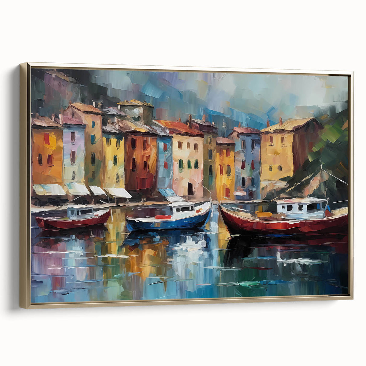 Framed canvas depicting a vintage poster art style landscape of Portofino, Italy in muted earth tones.