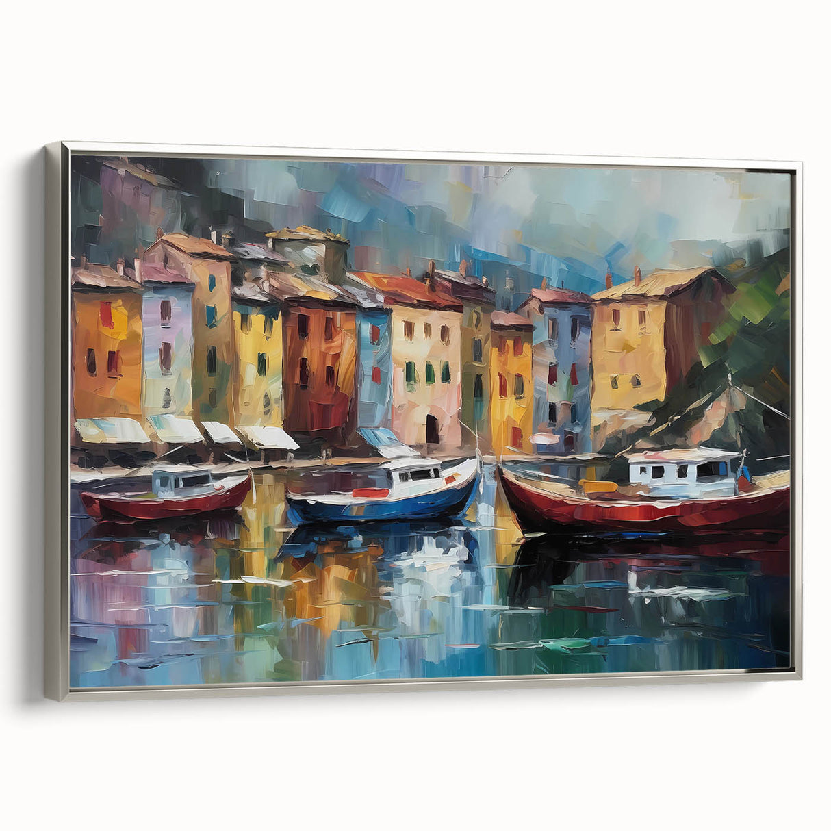 Landscape art painting of Portofino, Italy, featuring colorful houses and a serene harbor on framed canvas.