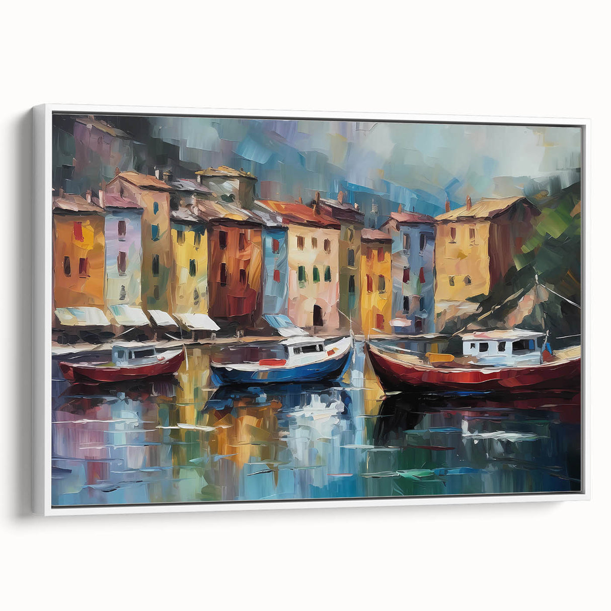 Vintage poster art of Portofino, Italy, with vibrant colors on extra large framed canvas, ideal for living room decor.