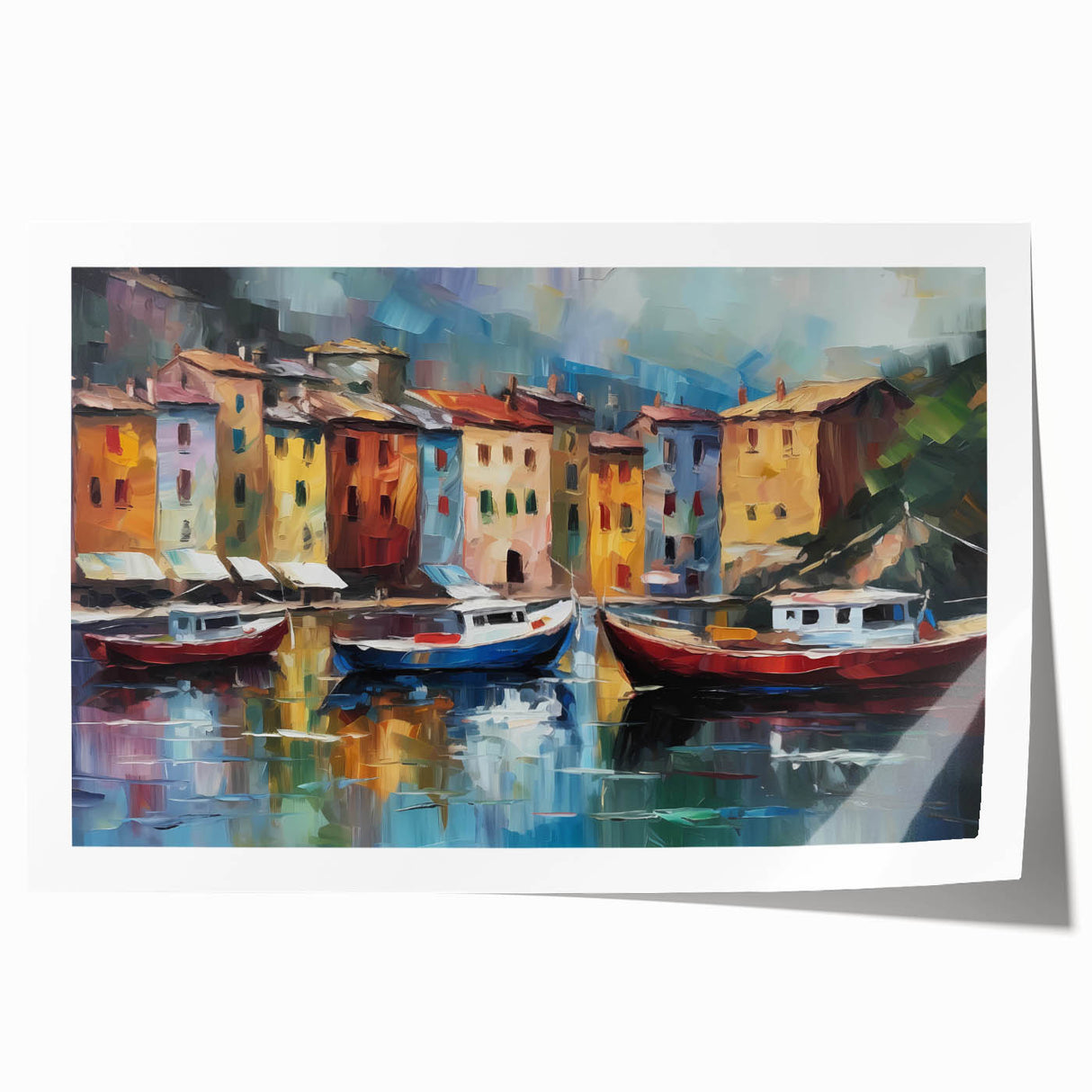 Rolled print of Portofino, Italy scenery with vibrant coastal colors, ideal for art wall dining room placement.