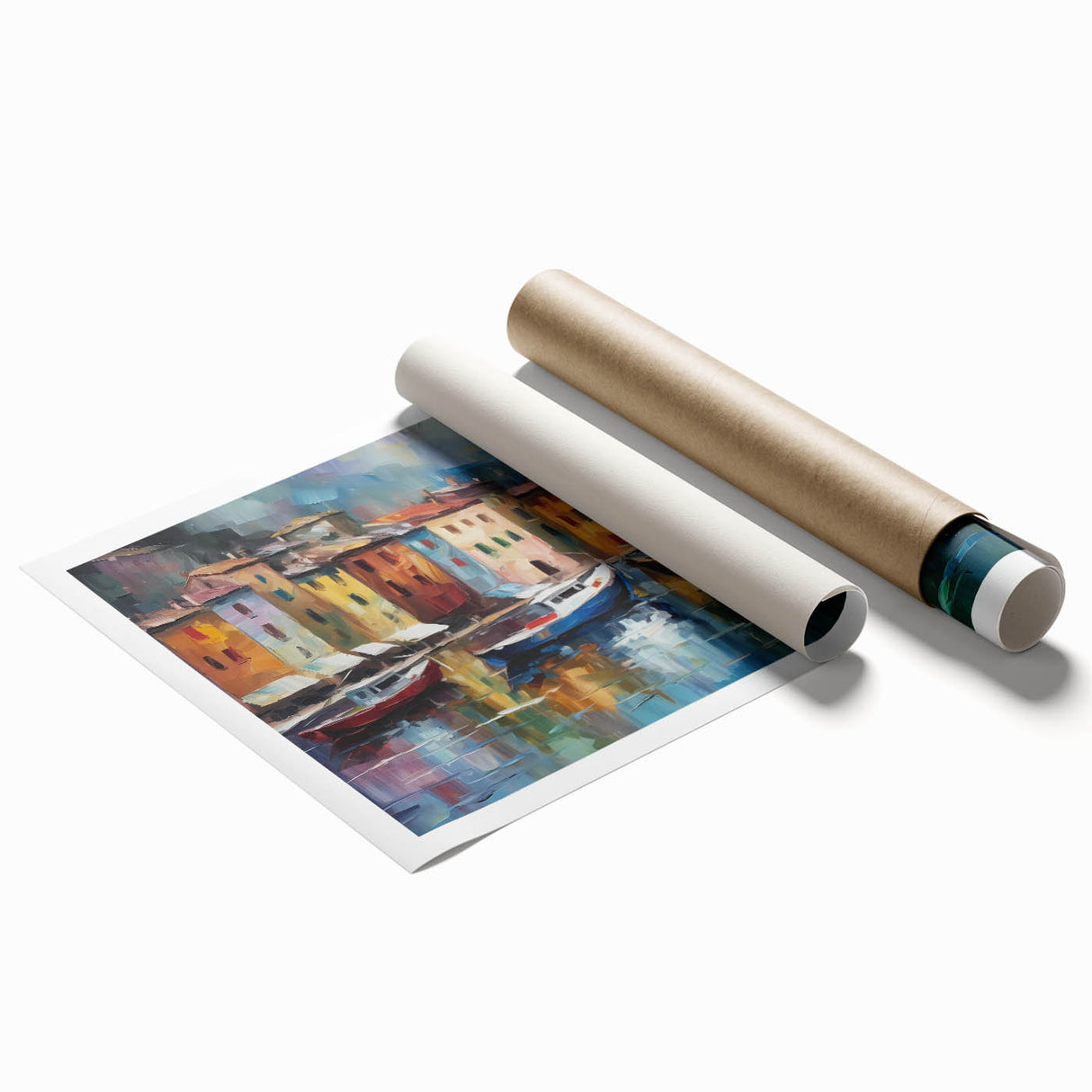 Extra large rolled print featuring a scenic view of Portofino, Italy, with vibrant floral accents.