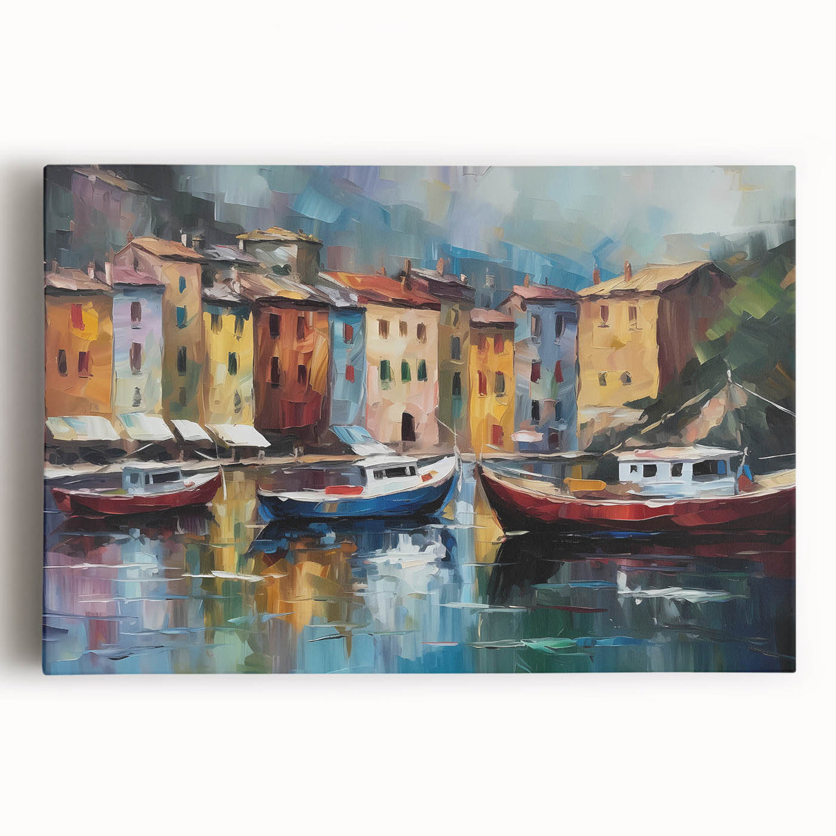 Black and white stretched canvas of Portofino, Italy scenery, ideal for kitchen wall art or bedroom ambiance.