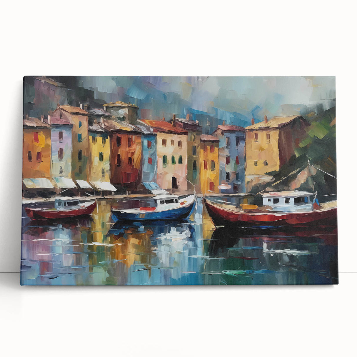 Black and white stretched canvas of Portofino, Italy scenery, ideal for kitchen wall art.