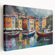 Portofino, Italy coastal scene on large stretched canvas, featuring vibrant blue and pastel houses.