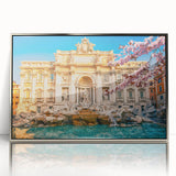 Large art print of Rome's skyline in muted earth tones on a silver-framed acrylic, suitable for modern art wall decor.