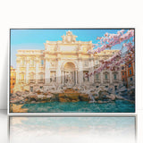 Mid-century modernist art of Rome's skyline in muted earth tones on a framed acrylic, ideal for modern art wall decor.